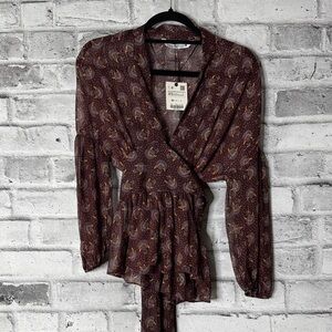NWT Zara Burgundy Paisley Sheer Wrap Blouse with Side Tie